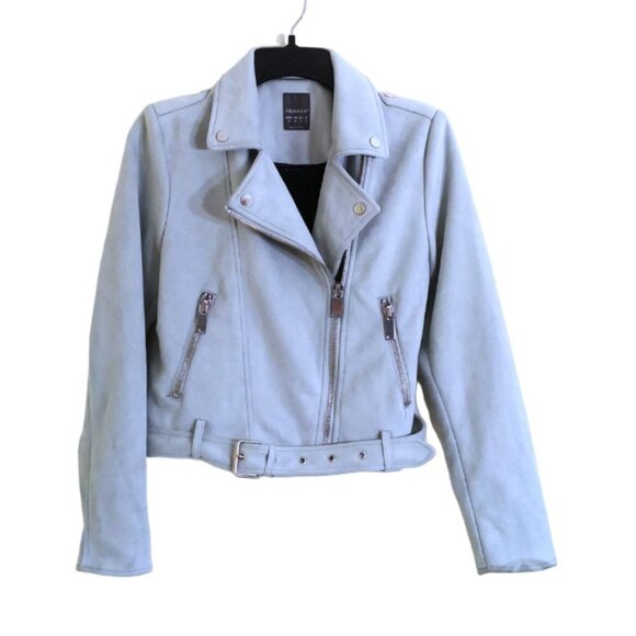 Primark Microfiber Moto Jacket With Belt And Silver Details Powder Blue Size 8 - Picture 2 of 6